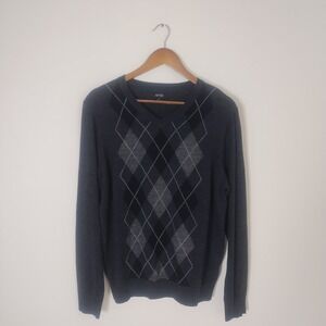Apt 9 Argyle Merino Wool Blend V-Neck Sweater Men's M Gray Preppy Academic